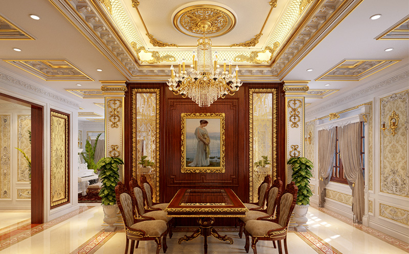 Thi công phào chỉ PU dát vàng biệt thự chị Hồng